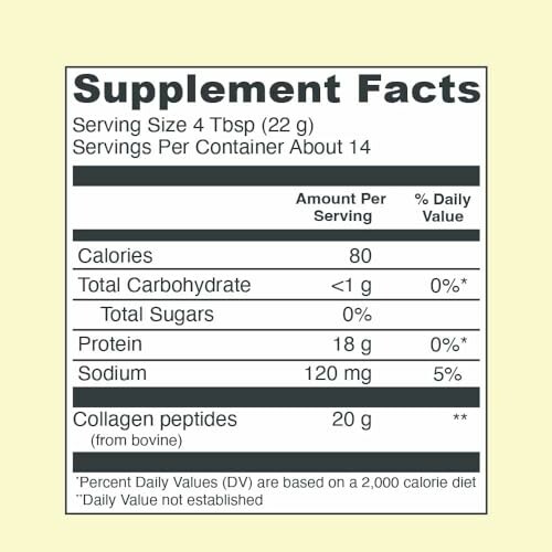 Supplement facts label for collagen peptides with serving size and nutritional information.