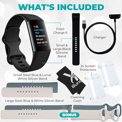 Fitbit Charge 6 with accessories including bands, charger, and screen protectors.