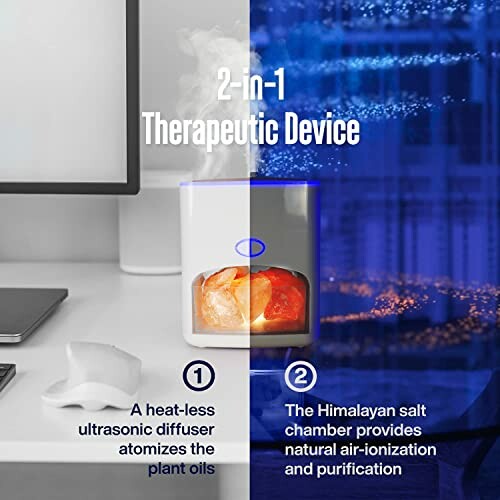 2-in-1 therapeutic device with ultrasonic diffuser and Himalayan salt chamber.